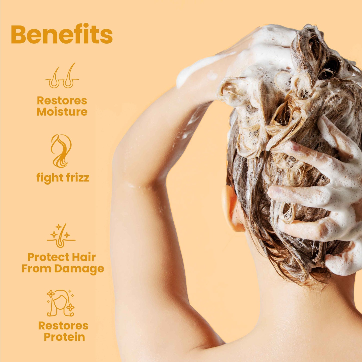 Person washing hair with argan oil shampoo, benefits listed on the left