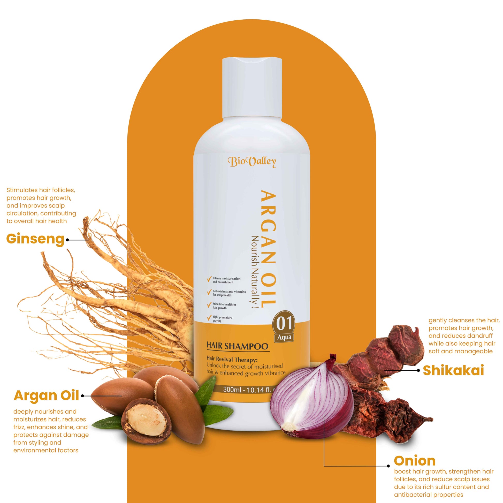 Bio valley Argan Oil hair shampoo bottle with Ginseng, Argan nuts, red Onion, and Shikakai