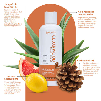 Bio-Valley Cedarwood hair shampoo bottle with main ingredients