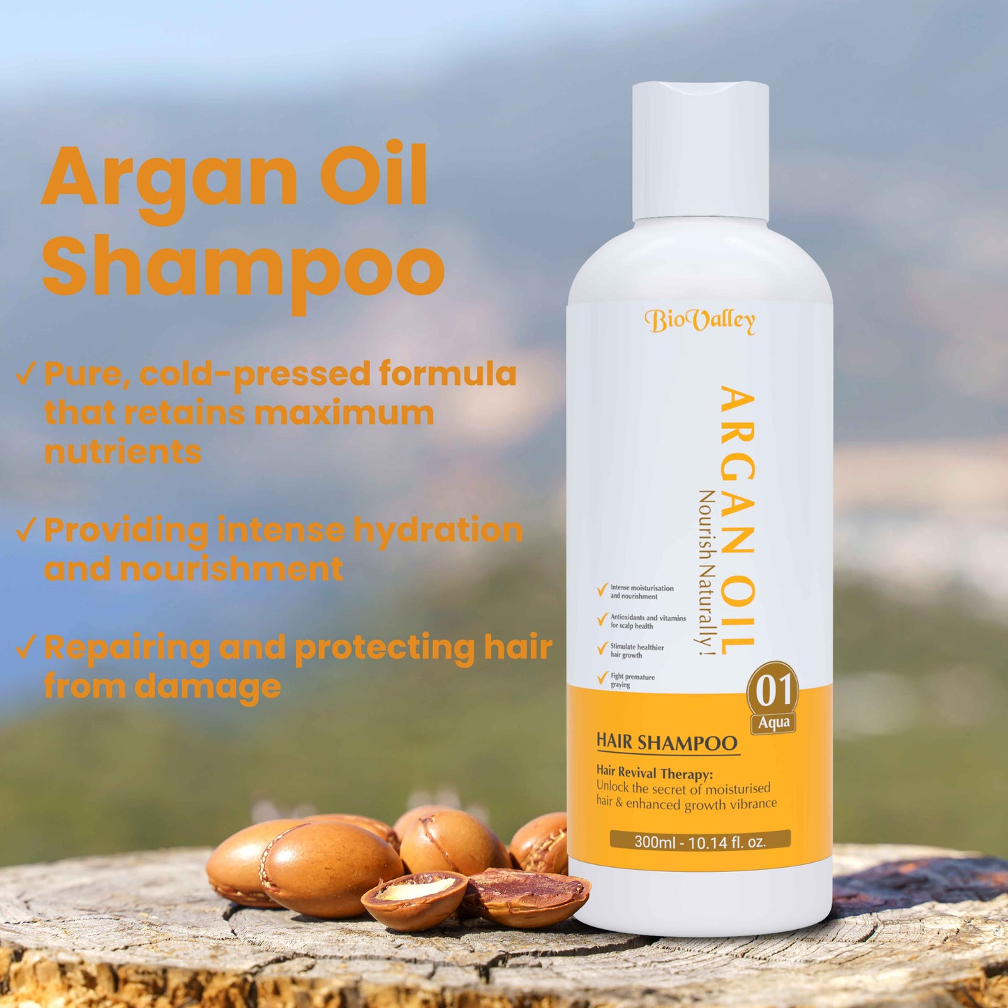 Bottle of Argan Oil Shampoo with nuts on a wooden surface and blurred natural background